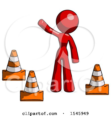 Red Design Mascot Woman Standing by Traffic Cones Waving by Leo Blanchette