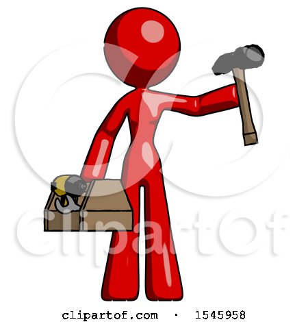 Red Design Mascot Woman Holding Tools and Toolchest Ready to Work by Leo Blanchette