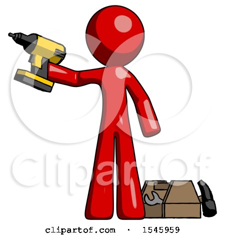 Red Design Mascot Man Holding Drill Ready to Work, Toolchest and Tools to Right by Leo Blanchette
