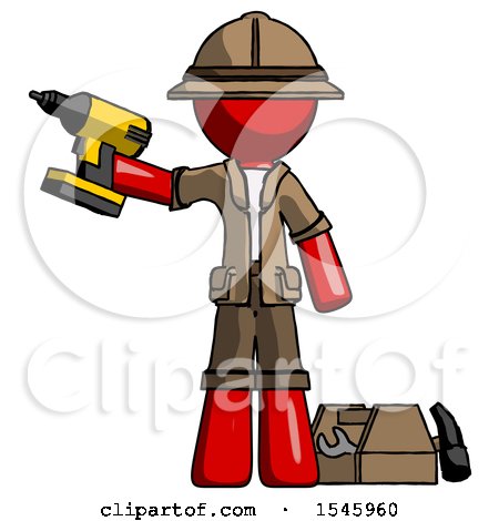 Red Explorer Ranger Man Holding Drill Ready to Work, Toolchest and Tools to Right by Leo Blanchette