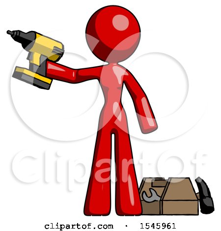 Red Design Mascot Woman Holding Drill Ready to Work, Toolchest and Tools to Right by Leo Blanchette
