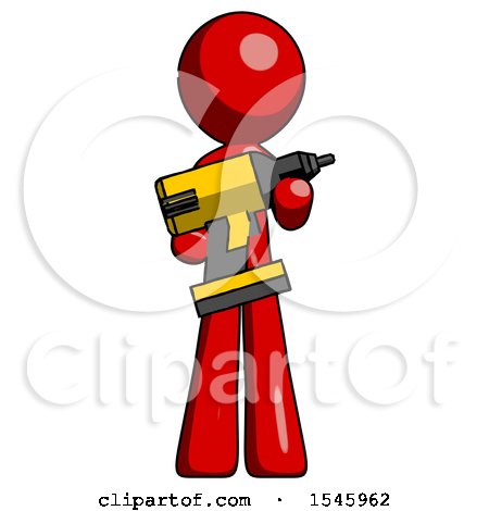Red Design Mascot Man Holding Large Drill by Leo Blanchette