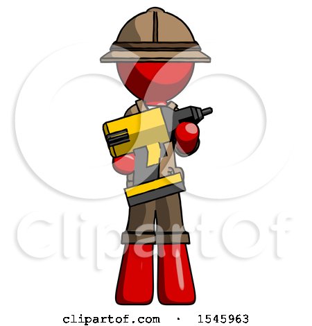 Red Explorer Ranger Man Holding Large Drill by Leo Blanchette