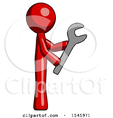 Red Design Mascot Man Using Wrench Adjusting Something to Right by Leo Blanchette