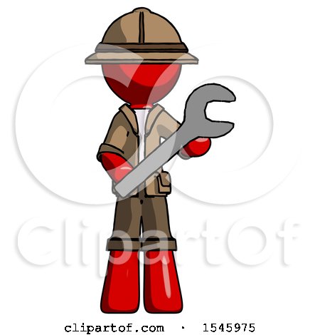 Red Explorer Ranger Man Holding Large Wrench with Both Hands by Leo Blanchette