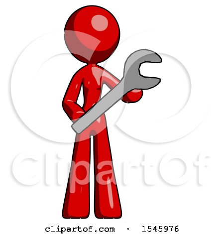 Red Design Mascot Woman Holding Large Wrench with Both Hands by Leo Blanchette