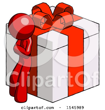 Red Design Mascot Man Leaning on Gift with Red Bow Angle View by Leo Blanchette