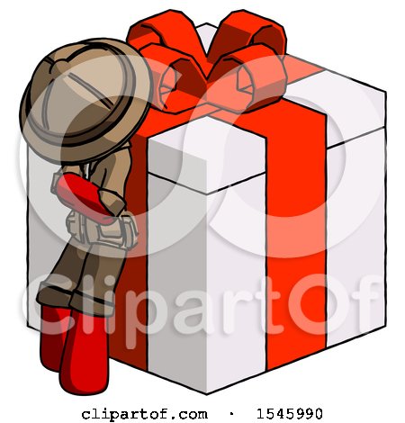 Red Explorer Ranger Man Leaning on Gift with Red Bow Angle View by Leo Blanchette