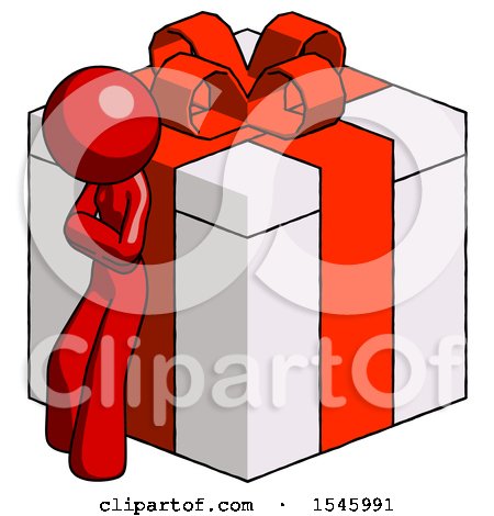 Red Design Mascot Woman Leaning on Gift with Red Bow Angle View by Leo Blanchette