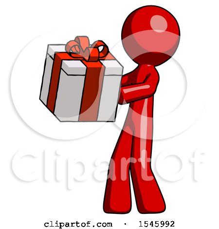 Red Design Mascot Man Presenting a Present with Large Red Bow on It by Leo Blanchette