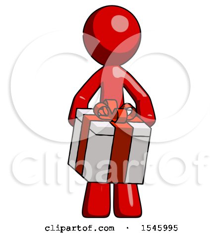 Red Design Mascot Man Gifting Present with Large Bow Front View by Leo Blanchette