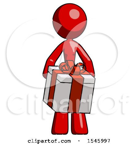 Red Design Mascot Woman Gifting Present with Large Bow Front View by Leo Blanchette