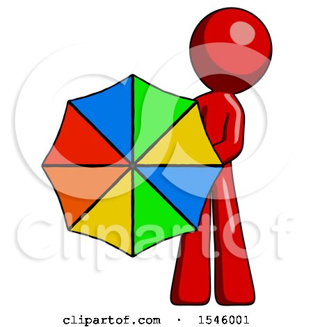 Red Design Mascot Man Holding Rainbow Umbrella out to Viewer by Leo Blanchette