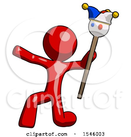 Red Design Mascot Man Holding Jester Staff Posing Charismatically by Leo Blanchette