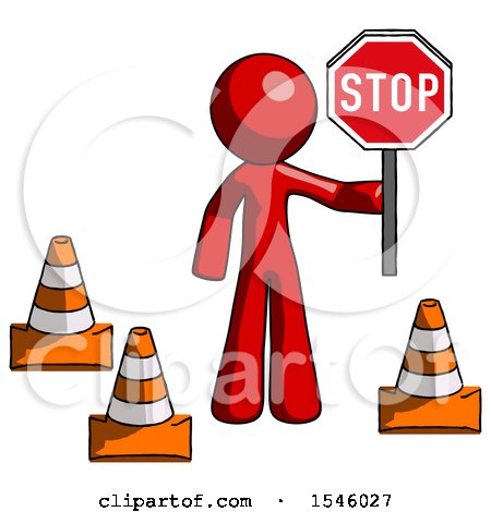 Red Design Mascot Man Holding Stop Sign by Traffic Cones Under Construction Concept by Leo Blanchette
