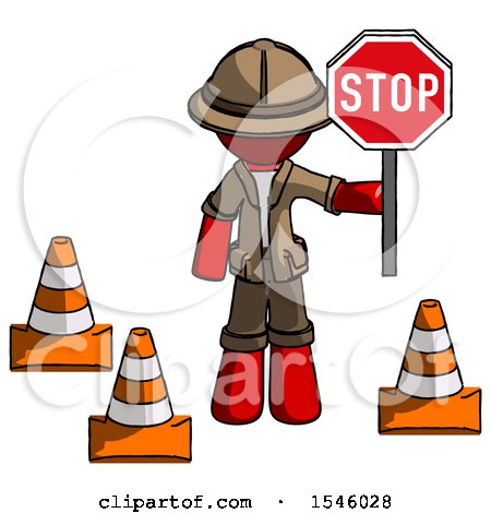 Red Explorer Ranger Man Holding Stop Sign by Traffic Cones Under Construction Concept by Leo Blanchette