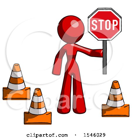 Red Design Mascot Woman Holding Stop Sign by Traffic Cones Under Construction Concept by Leo Blanchette