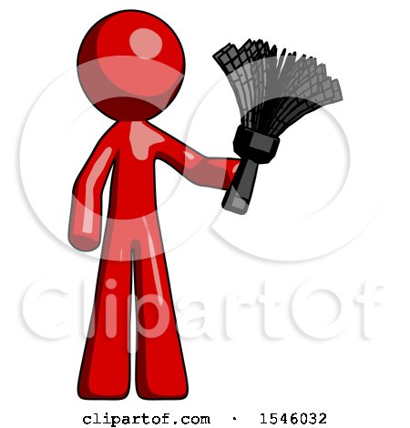 Red Design Mascot Man Holding Feather Duster Facing Forward by Leo Blanchette