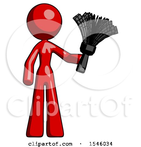 Red Design Mascot Woman Holding Feather Duster Facing Forward by Leo Blanchette