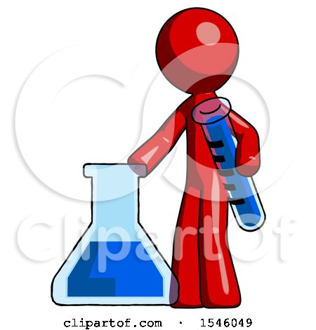 Red Design Mascot Man Holding Test Tube Beside Beaker or Flask by Leo Blanchette