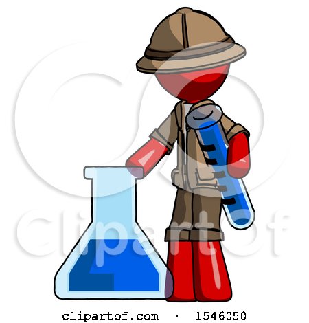 Red Explorer Ranger Man Holding Test Tube Beside Beaker or Flask by Leo Blanchette