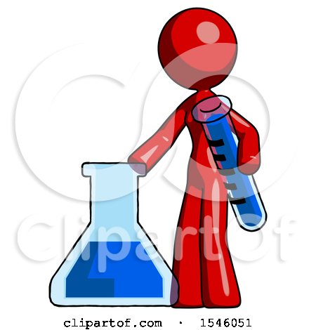Red Design Mascot Woman Holding Test Tube Beside Beaker or Flask by Leo Blanchette