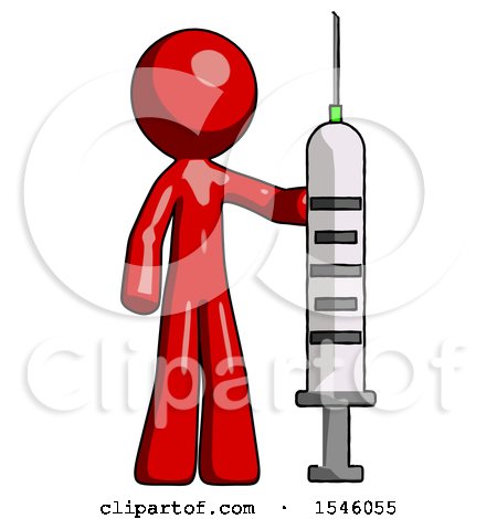 Red Design Mascot Man Holding Large Syringe by Leo Blanchette