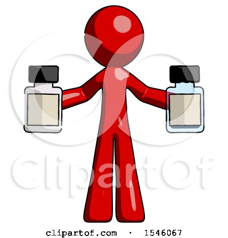 Red Design Mascot Man Holding Two Medicine Bottles by Leo Blanchette