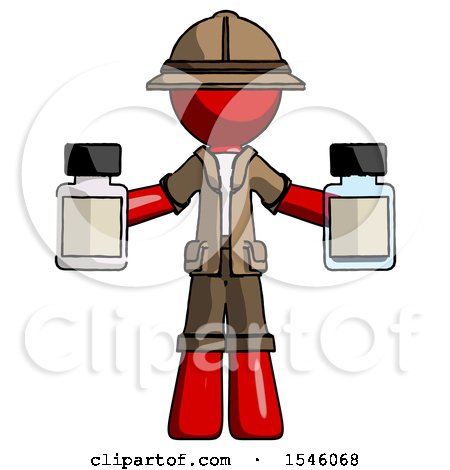 Red Explorer Ranger Man Holding Two Medicine Bottles by Leo Blanchette