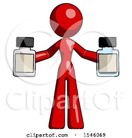 Red Design Mascot Woman Holding Two Medicine Bottles by Leo Blanchette