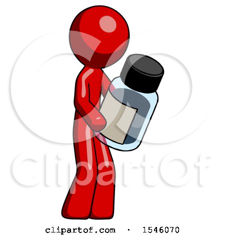 Red Design Mascot Man Holding Glass Medicine Bottle by Leo Blanchette