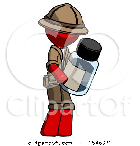 Red Explorer Ranger Man Holding Glass Medicine Bottle by Leo Blanchette
