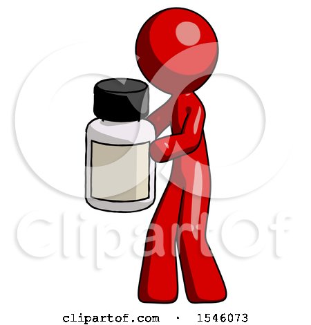 Red Design Mascot Man Holding White Medicine Bottle by Leo Blanchette