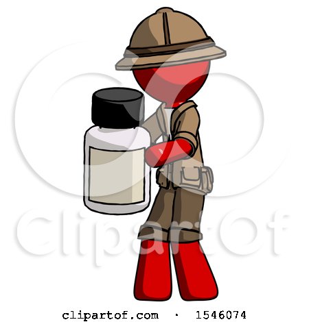 Red Explorer Ranger Man Holding White Medicine Bottle by Leo Blanchette
