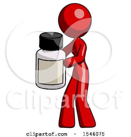 Red Design Mascot Woman Holding White Medicine Bottle by Leo Blanchette