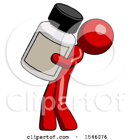 Red Design Mascot Man Holding Large White Medicine Bottle by Leo Blanchette