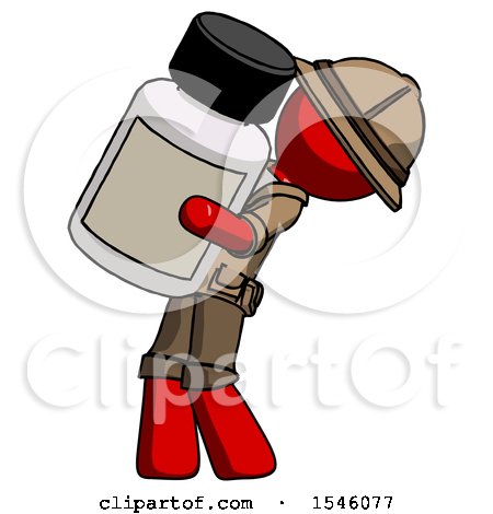 Red Explorer Ranger Man Holding Large White Medicine Bottle by Leo Blanchette