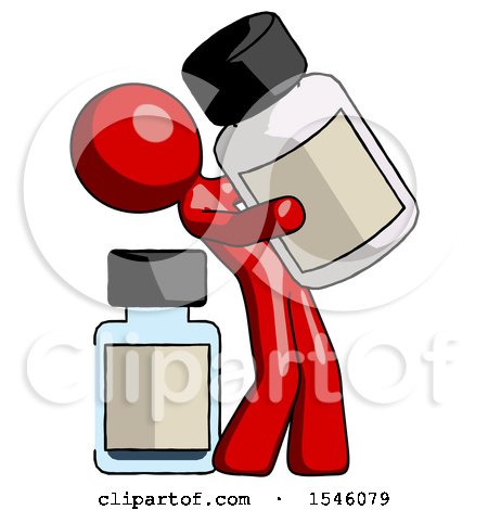 Red Design Mascot Man Holding Large White Medicine Bottle with Bottle in Background by Leo Blanchette