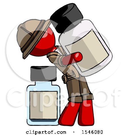 Red Explorer Ranger Man Holding Large White Medicine Bottle with Bottle in Background by Leo Blanchette