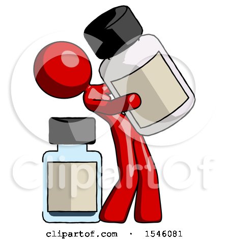 Red Design Mascot Woman Holding Large White Medicine Bottle with Bottle in Background by Leo Blanchette