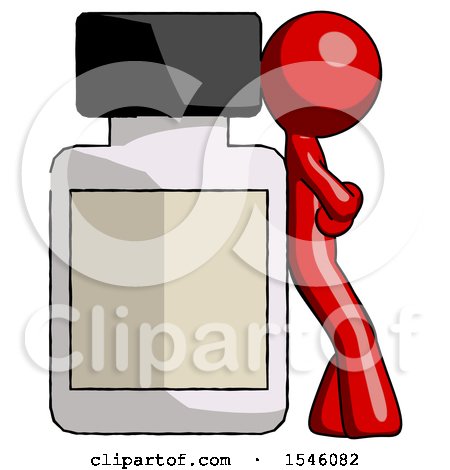 Red Design Mascot Man Leaning Against Large Medicine Bottle by Leo Blanchette