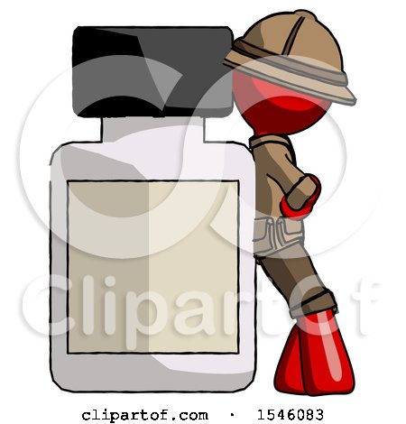 Red Explorer Ranger Man Leaning Against Large Medicine Bottle by Leo Blanchette