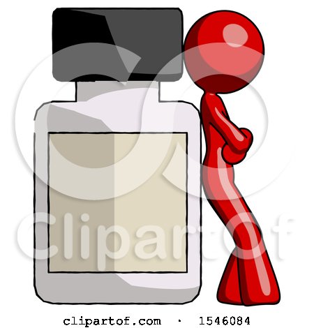 Red Design Mascot Woman Leaning Against Large Medicine Bottle by Leo Blanchette