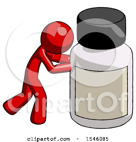 Red Design Mascot Man Pushing Large Medicine Bottle by Leo Blanchette