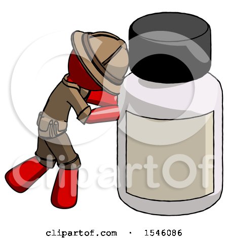 Red Explorer Ranger Man Pushing Large Medicine Bottle by Leo Blanchette