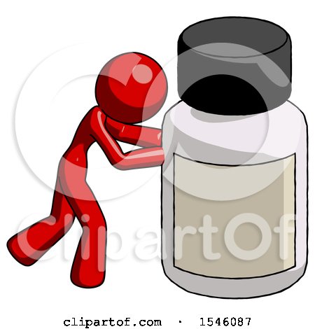 Red Design Mascot Woman Pushing Large Medicine Bottle by Leo Blanchette