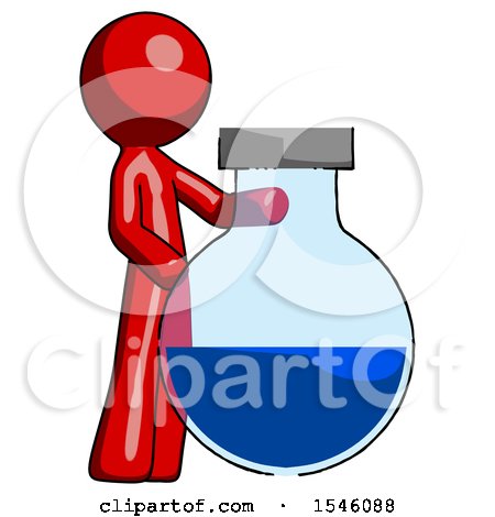 Red Design Mascot Man Standing Beside Large Round Flask or Beaker by Leo Blanchette