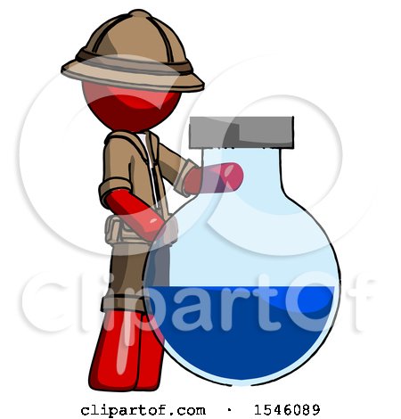 Red Explorer Ranger Man Standing Beside Large Round Flask or Beaker by Leo Blanchette