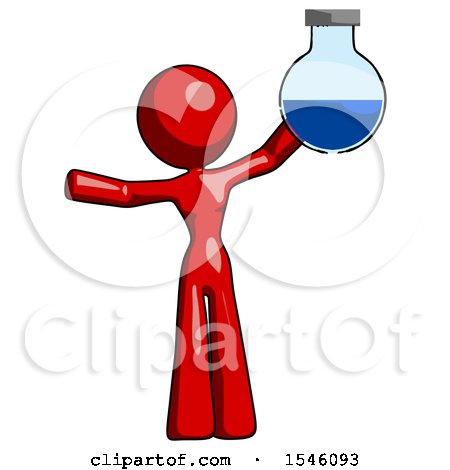 Red Design Mascot Woman Holding Large Round Flask or Beaker by Leo Blanchette