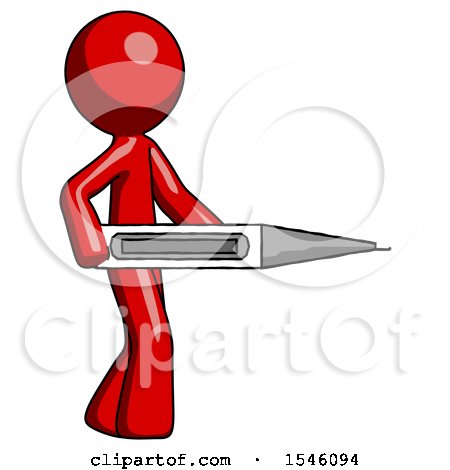 Red Design Mascot Man Walking with Large Thermometer by Leo Blanchette